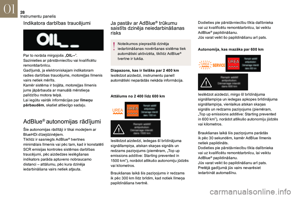 CITROEN DS3 2018 Lietošanas Instrukcija (in Latvian) 28
AdBlue® autonomijas rādījumi
Šie autonomijas rādītāji ir tikai modeļiem ar
BlueHDi dīzeļdzinējiem.
Tiklīdz ir sasniegts AdBlue
® tvertnes
minimālais līmenis vai pēc tam, kad ir ko CITROEN DS3 2018 Lietošanas Instrukcija (in Latvian) 28
AdBlue® autonomijas rādījumi
Šie autonomijas rādītāji ir tikai modeļiem ar
BlueHDi dīzeļdzinējiem.
Tiklīdz ir sasniegts AdBlue
® tvertnes
minimālais līmenis vai pēc tam, kad ir ko