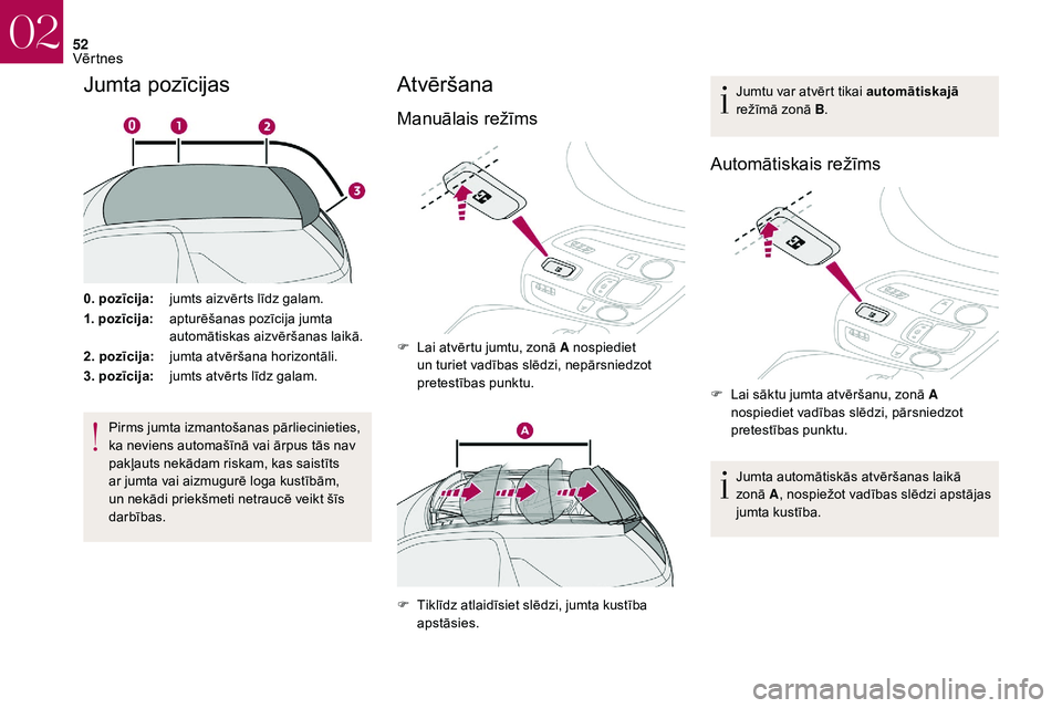CITROEN DS3 2018 Lietošanas Instrukcija (in Latvian) 52
Jumta pozīcijas
0. pozīcija:jumts aizvērts līdz galam.
1. pozīcija: apturēšanas pozīcija jumta
automātiskas aizvēršanas laikā.
2. pozīcija: jumta atvēršana horizontāli.
3. pozīcij CITROEN DS3 2018 Lietošanas Instrukcija (in Latvian) 52
Jumta pozīcijas
0. pozīcija:jumts aizvērts līdz galam.
1. pozīcija: apturēšanas pozīcija jumta
automātiskas aizvēršanas laikā.
2. pozīcija: jumta atvēršana horizontāli.
3. pozīcij