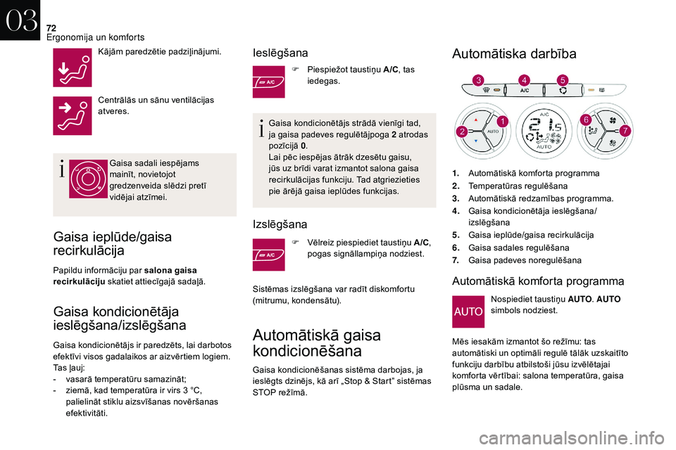 CITROEN DS3 2018  Lietošanas Instrukcija (in Latvian) 72
Kājām paredzētie padziļinājumi.
Centrālās un sānu ventilācijas 
atveres.Gaisa sadali iespējams 
mainīt, novietojot 
gredzenveida slēdzi pretī 
vidējai atzīmei.
Gaisa ieplūde/gaisa 
