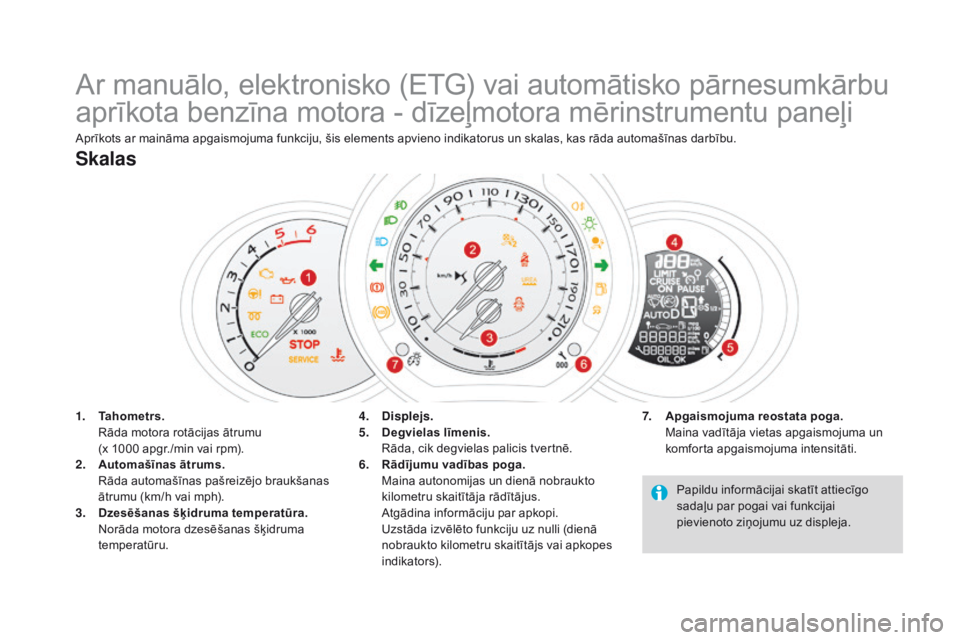 CITROEN DS3 2017 Lietošanas Instrukcija (in Latvian) DS3_lv_Chap01_controle-de-marche_ed02-2015
Ar manuālo, elektronisko (ETG) vai automātisko pārnesumkārbu
aprīkota benzīna motora - dīzeļmotora mērinstrumentu paneļi
Aprīkots ar maināma apg CITROEN DS3 2017 Lietošanas Instrukcija (in Latvian) DS3_lv_Chap01_controle-de-marche_ed02-2015
Ar manuālo, elektronisko (ETG) vai automātisko pārnesumkārbu
aprīkota benzīna motora - dīzeļmotora mērinstrumentu paneļi
Aprīkots ar maināma apg