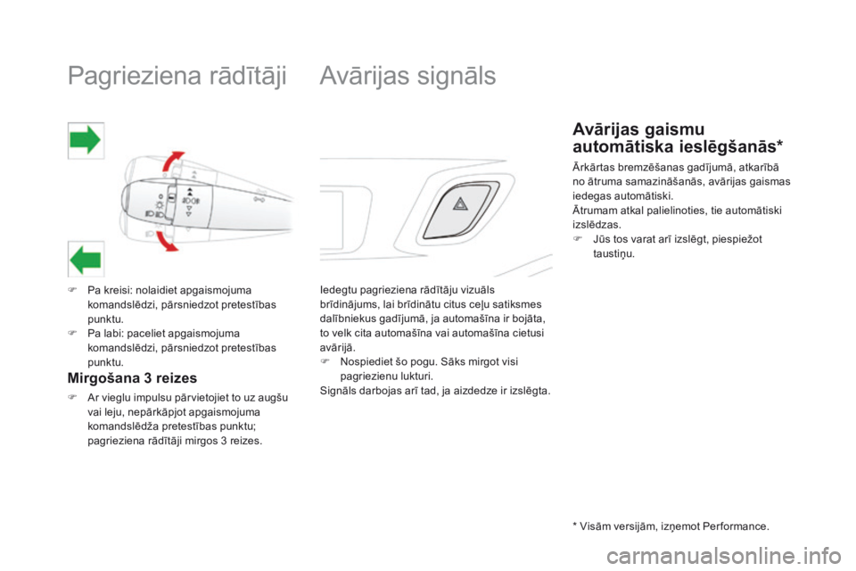 CITROEN DS3 2017  Lietošanas Instrukcija (in Latvian) DS3-post-it_lv_Chap06_securite_ed02-2015
         P a g r i e z i e n a   r ā d ī t ā j i  
   Pa kreisi: nolaidiet apgaismojuma komandslēdzi, pārsniedzot pretestības punktu.    Pa labi: p