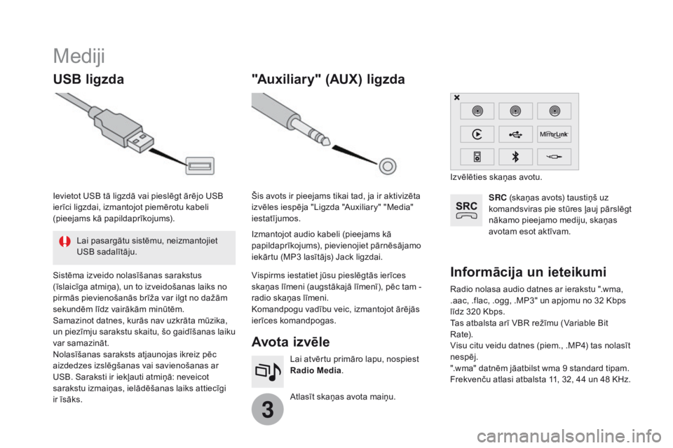CITROEN DS3 2017 Lietošanas Instrukcija (in Latvian) 3
Mediji
USB ligzdaAvota iz vēle
Atlasīt skaņas avota maiņu. Lai atvērtu primāro lapu, nospiest
Radio Media.
"Auxiliary" (AUX) ligzda
Radio nolasa audio datnes ar ierakstu ".wma,
CITROEN DS3 2017 Lietošanas Instrukcija (in Latvian) 3
Mediji
USB ligzdaAvota iz vēle
Atlasīt skaņas avota maiņu. Lai atvērtu primāro lapu, nospiest
Radio Media.
"Auxiliary" (AUX) ligzda
Radio nolasa audio datnes ar ierakstu ".wma,