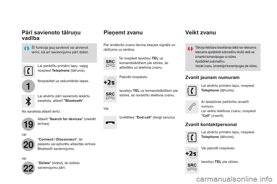 CITROEN DS3 2017 Lietošanas Instrukcija (in Latvian) 1
19
20
22
Pārī savienoto tālruņu
vadība
Šī funkcija ļauj savienot vai atvienot
ierīci, kā arī savienojumu pārī dzēst.Tālruņa lietošana braukšanas laikā nav ieteicama.
Ieteicams CITROEN DS3 2017 Lietošanas Instrukcija (in Latvian) 1
19
20
22
Pārī savienoto tālruņu
vadība
Šī funkcija ļauj savienot vai atvienot
ierīci, kā arī savienojumu pārī dzēst.Tālruņa lietošana braukšanas laikā nav ieteicama.
Ieteicams