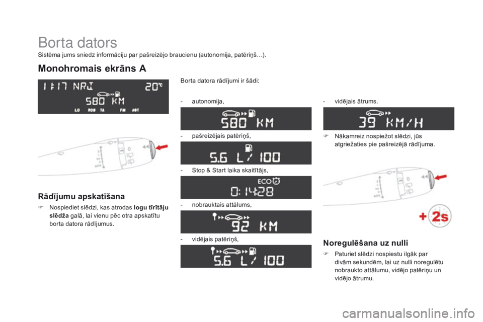 CITROEN DS3 2017 Lietošanas Instrukcija (in Latvian) DS3_lv_Chap01_controle-de-marche_ed02-2015
Borta dators
Monohromais ekrāns A
Rādījumu apskatīšana
F Nospiediet slēdzi, kas atrodas logu tīrītāju
slēdža galā, lai vienu pēc otra apskatīt CITROEN DS3 2017 Lietošanas Instrukcija (in Latvian) DS3_lv_Chap01_controle-de-marche_ed02-2015
Borta dators
Monohromais ekrāns A
Rādījumu apskatīšana
F Nospiediet slēdzi, kas atrodas logu tīrītāju
slēdža galā, lai vienu pēc otra apskatīt