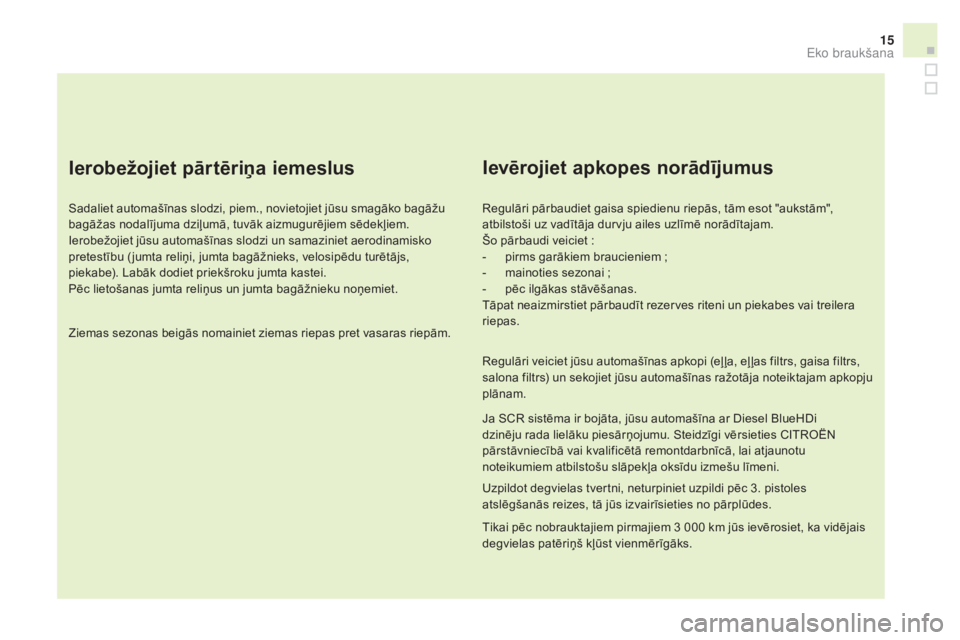 CITROEN DS3 2016 Lietošanas Instrukcija (in Latvian) 15
DS3_lv_Chap00c_eco-conduite_ed01-2015
Ierobežojiet pārtēriņa iemeslus
Sadaliet automašīnas slodzi, piem., novietojiet jūsu smagāko bagāžu
bagāžas nodalījuma dziļumā, tuvāk aizmugur CITROEN DS3 2016 Lietošanas Instrukcija (in Latvian) 15
DS3_lv_Chap00c_eco-conduite_ed01-2015
Ierobežojiet pārtēriņa iemeslus
Sadaliet automašīnas slodzi, piem., novietojiet jūsu smagāko bagāžu
bagāžas nodalījuma dziļumā, tuvāk aizmugur