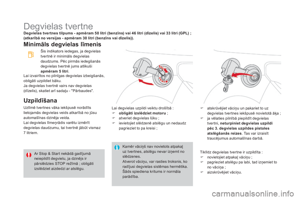 CITROEN DS3 2016 Lietošanas Instrukcija (in Latvian) DS3_lv_Chap08_info-pratiques_ed01-2015
Degvielas tvertnedegvielas tver tnes tilpums - apmēram 50 litri (benzīns) vai 46 litri (dīzelis) vai 33 litri (GPL) ;
(atkarībā no versijas - apmēram 30 CITROEN DS3 2016 Lietošanas Instrukcija (in Latvian) DS3_lv_Chap08_info-pratiques_ed01-2015
Degvielas tvertnedegvielas tver tnes tilpums - apmēram 50 litri (benzīns) vai 46 litri (dīzelis) vai 33 litri (GPL) ;
(atkarībā no versijas - apmēram 30