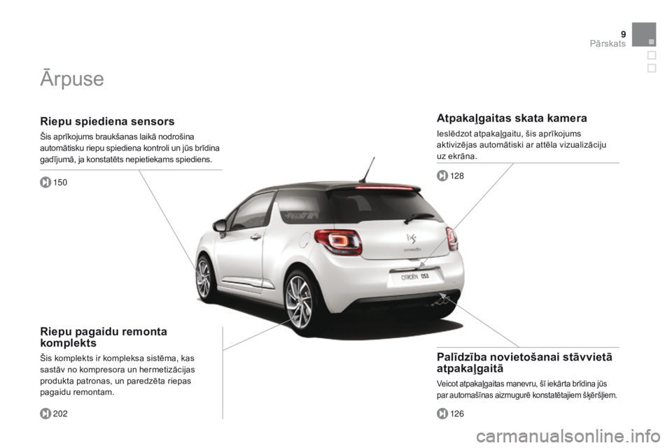 CITROEN DS3 2015  Lietošanas Instrukcija (in Latvian) 9
DS3_lv_Chap00b_vue-ensemble_ed01-2014
Riepu spiediena sensors
Šis aprīkojums braukšanas laikā nodrošina 
automātisku riepu spiediena kontroli un jūs brīdina 
gadījumā, ja konstatēts nepie