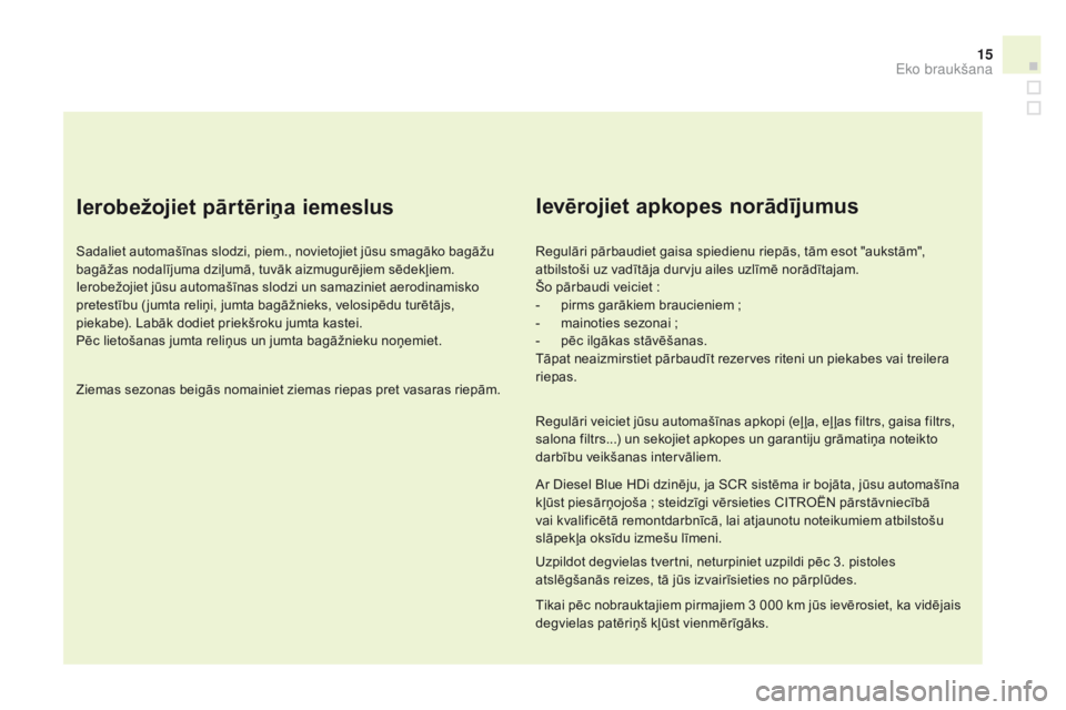 CITROEN DS3 2015 Lietošanas Instrukcija (in Latvian) 15
DS3_lv_Chap00c_eco-conduite_ed01-2014
ierobežojiet pārtēriņa iemeslus
Sadaliet automašīnas slodzi, piem., novietojiet jūsu smagāko bagāžu
bagāžas nodalījuma dziļumā, tuvāk aizmugur CITROEN DS3 2015 Lietošanas Instrukcija (in Latvian) 15
DS3_lv_Chap00c_eco-conduite_ed01-2014
ierobežojiet pārtēriņa iemeslus
Sadaliet automašīnas slodzi, piem., novietojiet jūsu smagāko bagāžu
bagāžas nodalījuma dziļumā, tuvāk aizmugur