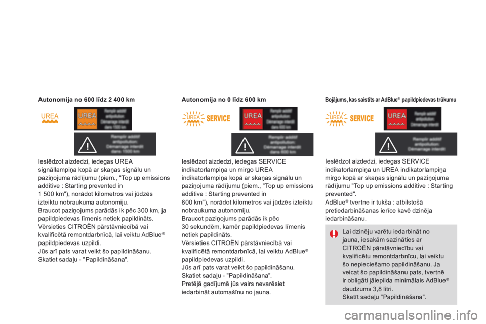 CITROEN DS3 2015  Lietošanas Instrukcija (in Latvian) DS3_lv_Chap10_info-pratiques_ed01-2014
Autonomija no 600 līdz 2 400 km
Ieslēdzot aizdedzi, iedegas UREA 
signāllampiņa kopā ar skaņas signālu un 
paziņojuma rādījumu (piem., "Top up emis