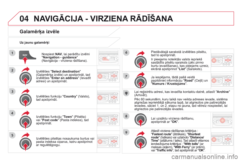 CITROEN DS3 2015  Lietošanas Instrukcija (in Latvian) 04
DS3_lv_Chap13b_rt6-2-8_ed01-2014
Nospiest N Av, lai parādītu izvēlni 
" Navigation - guidance "  
(Navigācija - virziena rādīšana).
u

z jaunu galamērķi
Galamērķa izvēle
Izvēl�