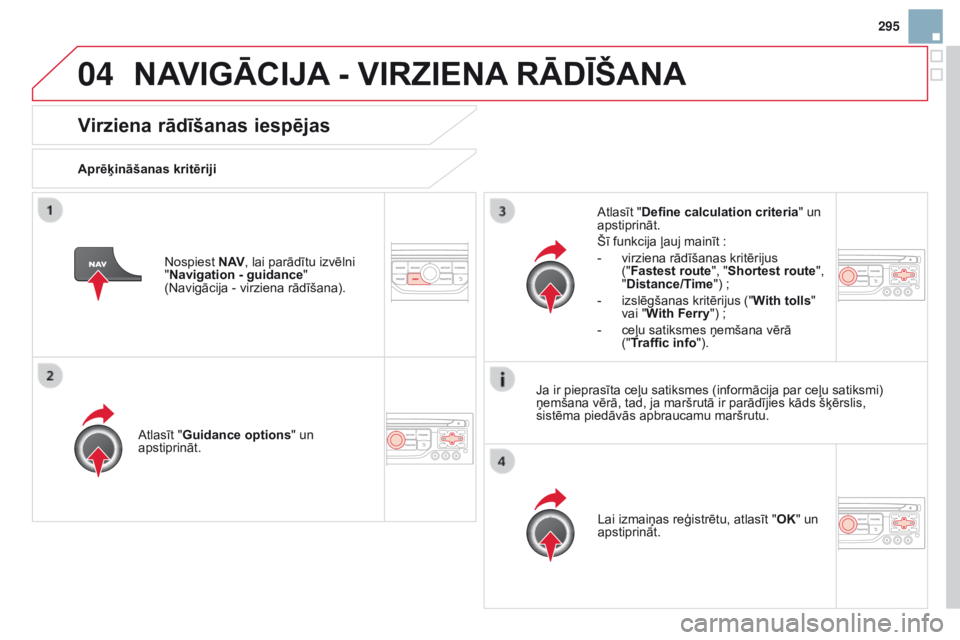 CITROEN DS3 2015  Lietošanas Instrukcija (in Latvian) 04
295
DS3_lv_Chap13b_rt6-2-8_ed01-2014
virziena rādīšanas iespējas
Aprēķināšanas kritērijiAtlasīt "Guidance options " un 
apstiprināt.
Lai izmaiņas reģistrētu, atlasīt "OK&