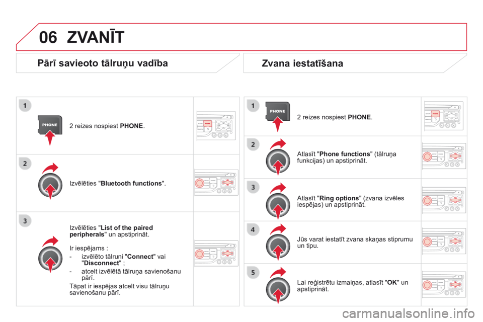 CITROEN DS3 2015  Lietošanas Instrukcija (in Latvian) 06
DS3_lv_Chap13b_rt6-2-8_ed01-2014
2 reizes nospiest PHONE.
Izvēlēties "List of the paired 
peripherals" un apstiprināt.
Ir iespējams
  :
-
 
izvēlēto tālruni " Connect

" vai 