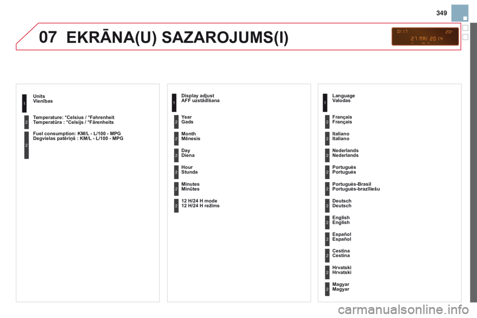 CITROEN DS3 2015  Lietošanas Instrukcija (in Latvian) 07
349
DS3_lv_Chap13c_rD45_ed01_2014
vienības
T emperatūra   : °Celsijs / °Fārenheits
Degvielas patēriņš
  : K m /L - L/100 -  m PG1
2
2
EKRĀNA(u) SAZAROJumS(i)
AFF uzstādīšana
m

ēnesis
