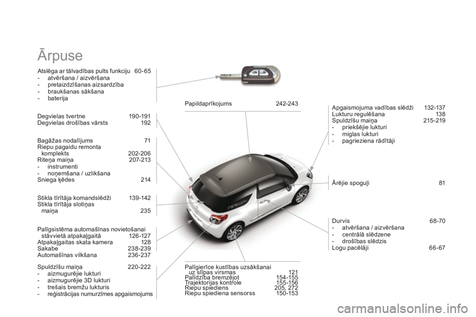 CITROEN DS3 2015  Lietošanas Instrukcija (in Latvian) DS3_lv_Chap14_index-recherche_ed01-2014
Ārpuse
Atslēga ar tālvadības pults funkciju 60 - 65
-  a tvēršana / aizvēršana
-
 p

retaizdzīšanas aizsardzība
-
 b

raukšanas sākšana
-
 b

ater