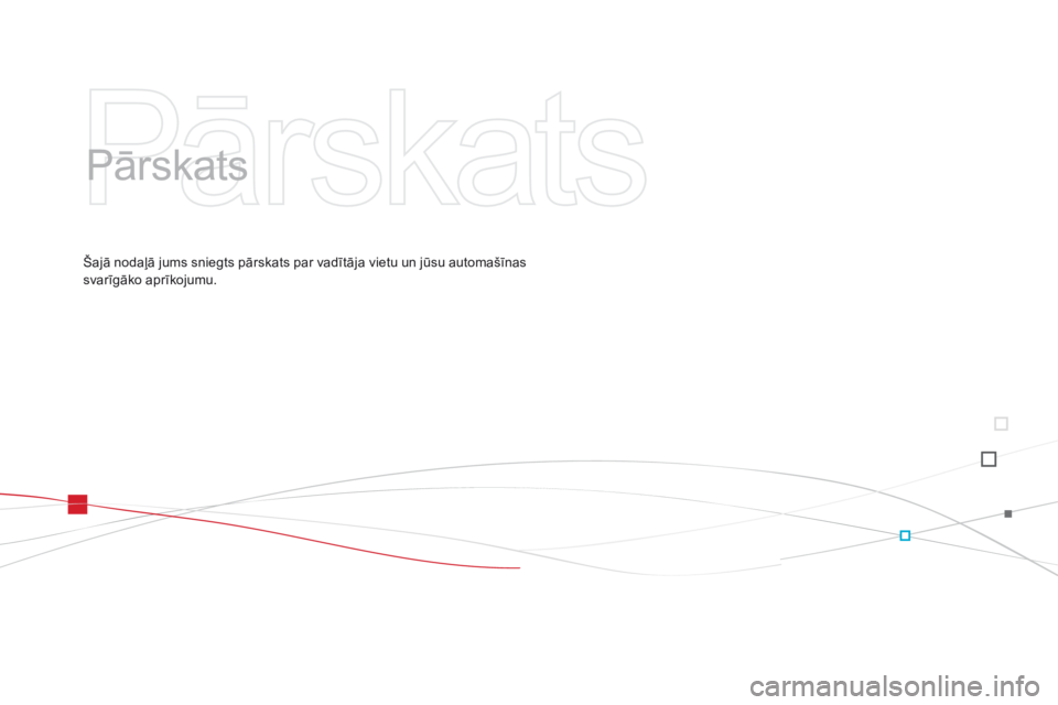CITROEN DS3 2015  Lietošanas Instrukcija (in Latvian) DS3_lv_Chap00b_vue-ensemble_ed01-2014
Pārskats
Šajā nodaļā jums sniegts pārskats par vadītāja vietu un jūsu automašīnas 
svarīgāko aprīkojumu. 
