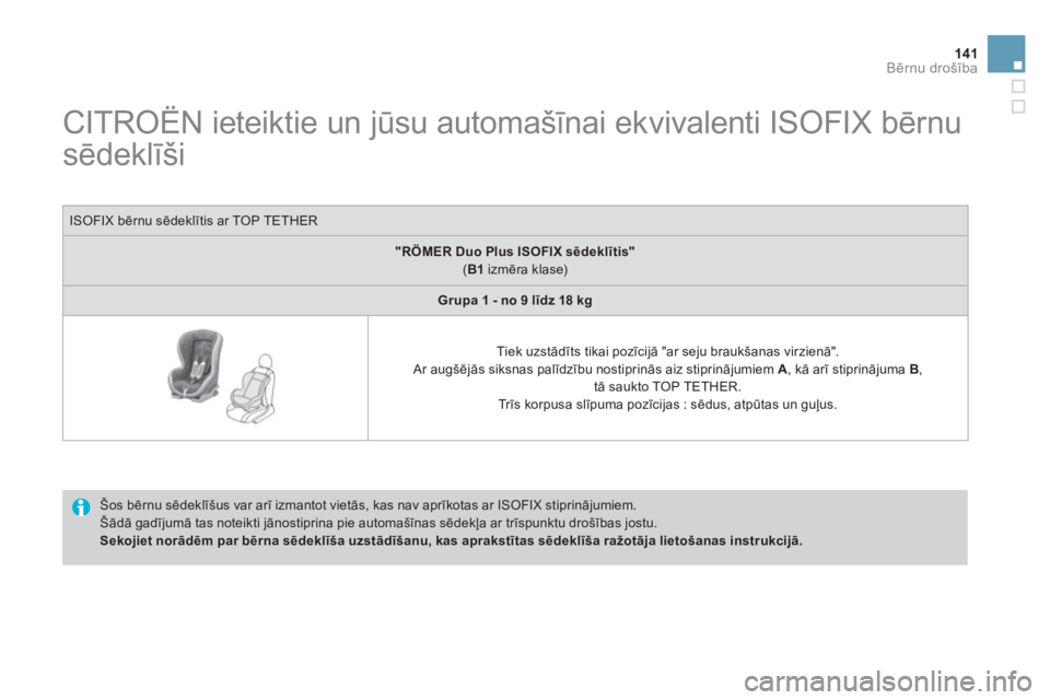 CITROEN DS3 2014 Lietošanas Instrukcija (in Latvian) 141Bērnu drošība
CITROËN ieteiktie un jūsu automašīnai ekvivalenti ISOFIX bērnu
sēdeklīši
Šos bērnu sēdeklīšus var arī izmantot vietās, kas CITROEN DS3 2014 Lietošanas Instrukcija (in Latvian) 141Bērnu drošība
CITROËN ieteiktie un jūsu automašīnai ekvivalenti ISOFIX bērnu
sēdeklīši
Šos bērnu sēdeklīšus var arī izmantot vietās, kas