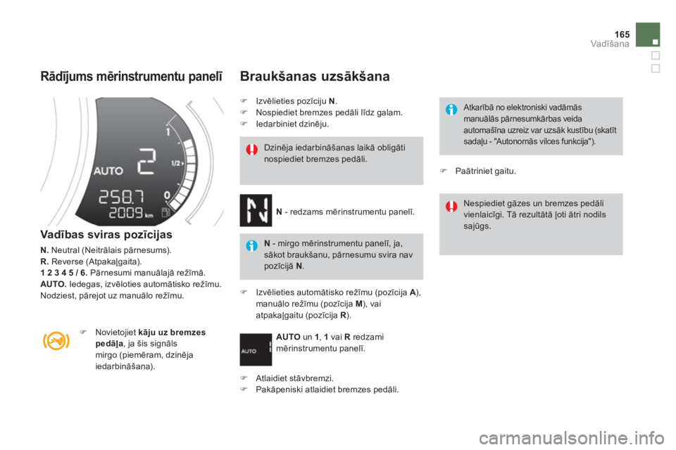 CITROEN DS3 2014  Lietošanas Instrukcija (in Latvian) 165
Vadīšana
 
 
Rādījums mērinstrumentu panelī 
 
 Vadības sviras pozīcijas
N. 
 Neutral (Neitrālais pārnesums). R.Reverse (Atpakaļgaita). 1 2 3 4 5 / 6.Pārnesumi manuālajā režīmā.
A