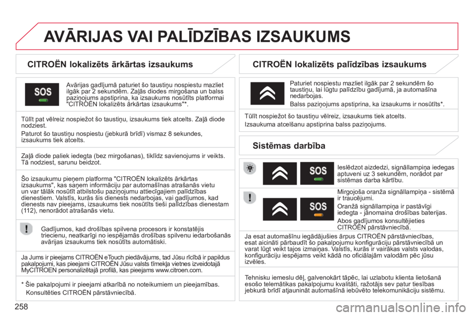 CITROEN DS3 2014  Lietošanas Instrukcija (in Latvian) 258
AVĀRIJAS VAI PALĪDZĪBAS IZSAUKUMS 
 
 
 
 
 
 
 
 
CITROËN lokalizēts ārkārtas izsaukums  
 
 
Avārijas gadījumā paturiet šo taustiņu nospiestu mazlietilgāk par 2 sekundēm. Zaļās d