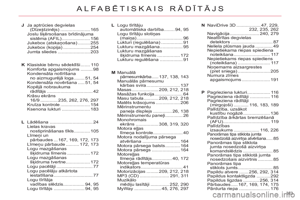 CITROEN DS3 2013 Lietošanas Instrukcija (in Latvian) 333
ALFABĒTISKAIS RĀDĪTĀJS
J Ja aptrūcies degvielas
(Dīzeļdzinējs) ...................... 165
Joslu šķērsošanas brīdinājuma
sistēma (AFIL) ..................... 156
Jukebox (atska CITROEN DS3 2013 Lietošanas Instrukcija (in Latvian) 333
ALFABĒTISKAIS RĀDĪTĀJS
J Ja aptrūcies degvielas
(Dīzeļdzinējs) ...................... 165
Joslu šķērsošanas brīdinājuma
sistēma (AFIL) ..................... 156
Jukebox (atska