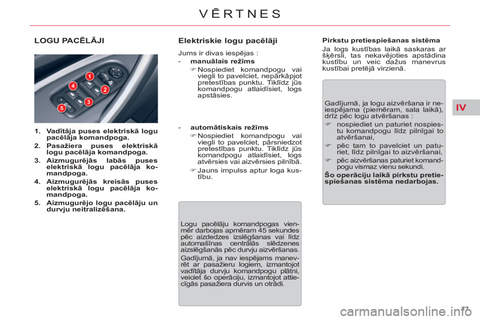 CITROEN DS3 2013  Lietošanas Instrukcija (in Latvian) IV
77 
VĒRTNES
LOGU PACĒLĀJI 
 
 
 
1. 
  Va dītāja puses elektriskā logu 
pacēlāja komandpoga. 
 
   
2. 
  Pasažiera puses elektriskā 
logu pacēlāja komandpoga. 
 
   
3. 
  Aizmugurēj