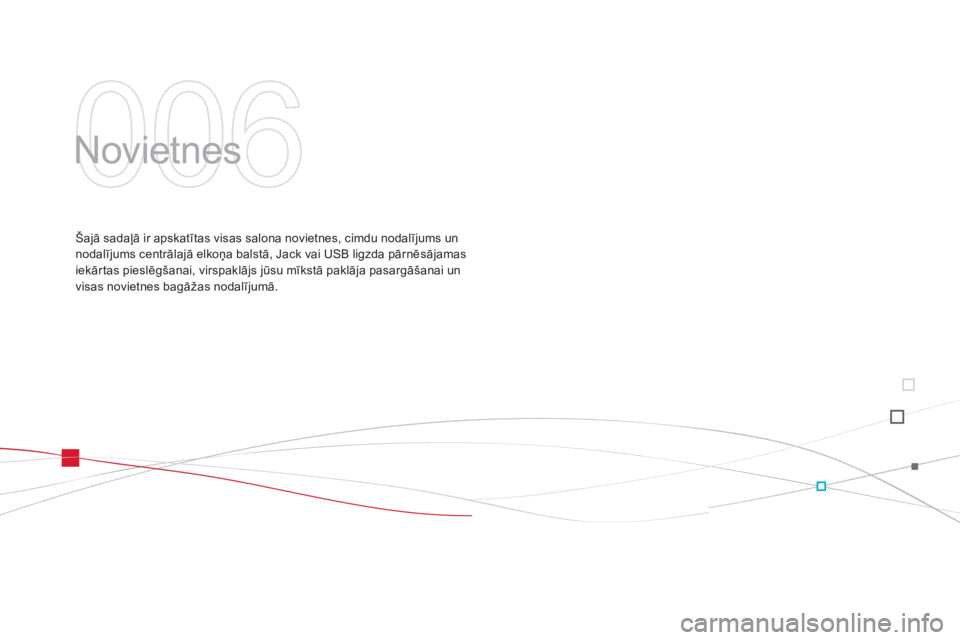 CITROEN DS3 2011  Lietošanas Instrukcija (in Latvian) 006
  Novietnes  
Šajā sadaļā ir apskatītas visas salona novietnes, cimdu nodalījums unnodalījums centrālajā elkoņa balstā, Jack vai USB ligzda pārnēsājamas
iekārtas pieslēgšanai, vir
