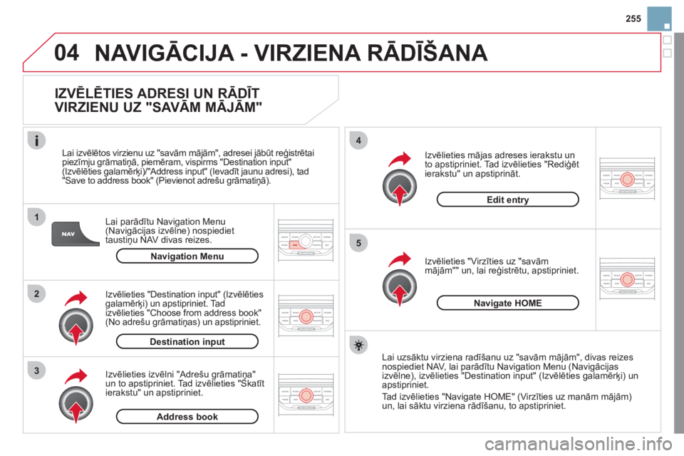 CITROEN DS3 2011  Lietošanas Instrukcija (in Latvian) 04
1
2
3
5
4
255
NAVIGĀCIJA - VIRZIENA RĀDĪŠANA
 
 
IZVĒLĒTIES ADRESI UN RĀDĪT 
VIRZIENU UZ "SAVĀM MĀJĀM" 
Lai parādītu Navigation Menu(Navigācijas izvēlne) nospiediet
taustiņu NAV div