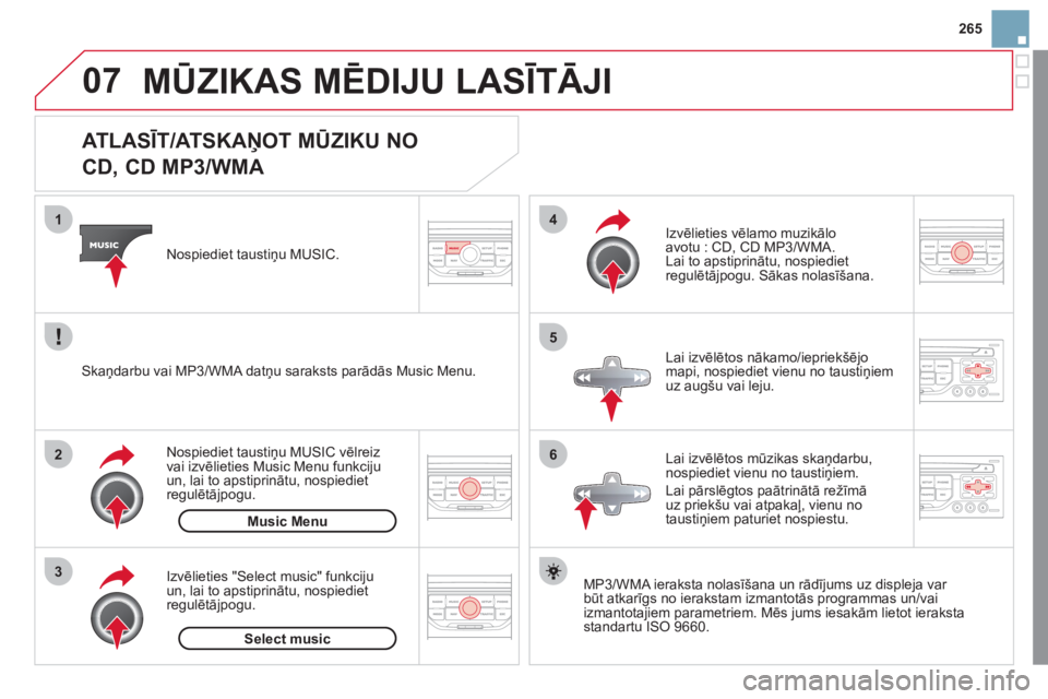 CITROEN DS3 2011  Lietošanas Instrukcija (in Latvian) 07
3 2 1
6
4
5
265
   
 
 
 
 
 
 
 
 
 
 
 
ATLASĪT/ATSKAŅOT MŪZIKU NO   
CD, CD MP3/WMA 
MP3/WMA ieraksta nolasīšana un rādījums uz displeja var 
būt atkarīgs no ierakstam izmantotās progr