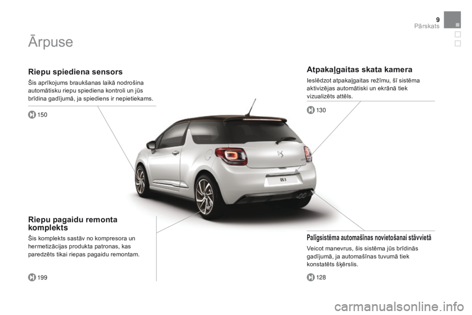 CITROEN DS3 CABRIO 2017 Lietošanas Instrukcija (in Latvian) 9
DS3_lv_Chap00b_vue-ensemble_ed02-2015
Riepu spiediena sensors
Šis aprīkojums braukšanas laikā nodrošina
automātisku riepu spiediena kontroli un jūs
brīdina gadījumā, ja spiediens ir nepi CITROEN DS3 CABRIO 2017 Lietošanas Instrukcija (in Latvian) 9
DS3_lv_Chap00b_vue-ensemble_ed02-2015
Riepu spiediena sensors
Šis aprīkojums braukšanas laikā nodrošina
automātisku riepu spiediena kontroli un jūs
brīdina gadījumā, ja spiediens ir nepi