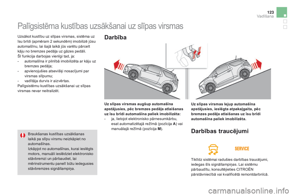 CITROEN DS3 CABRIO 2017 Lietošanas Instrukcija (in Latvian) 123
DS3_lv_Chap04_conduite_ed02-2015
Palīgsistēma kustības uzsākšanai uz slīpas virsmas
Uzsākot kustību uz slīpas virsmas, sistēma uz
īsu brīdi (apmēram 2 sekundēm) imobilizē jūsu
au CITROEN DS3 CABRIO 2017 Lietošanas Instrukcija (in Latvian) 123
DS3_lv_Chap04_conduite_ed02-2015
Palīgsistēma kustības uzsākšanai uz slīpas virsmas
Uzsākot kustību uz slīpas virsmas, sistēma uz
īsu brīdi (apmēram 2 sekundēm) imobilizē jūsu
au