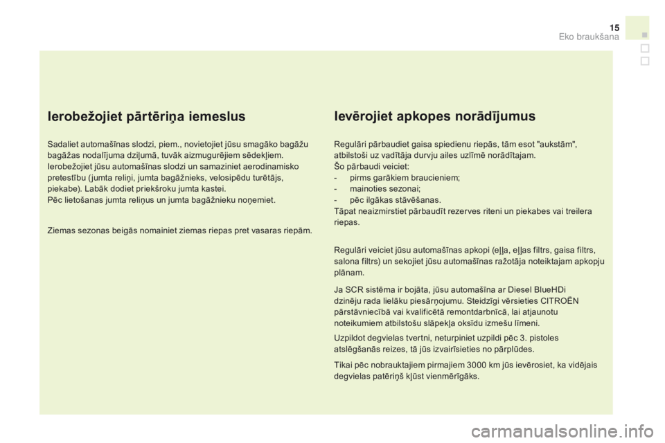 CITROEN DS3 CABRIO 2017  Lietošanas Instrukcija (in Latvian) 15
DS3_lv_Chap00c_eco-conduite_ed02-2015
Ierobežojiet pārtēriņa iemeslus
Sadaliet automašīnas slodzi, piem., novietojiet jūsu smagāko bagāžu 
bagāžas nodalījuma dziļumā, tuvāk aizmugur