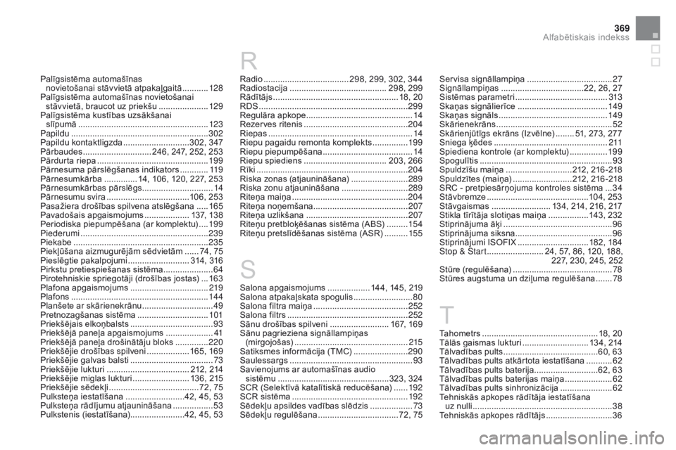 CITROEN DS3 CABRIO 2017 Lietošanas Instrukcija (in Latvian) 369
DS3_lv_Chap12_index-recherche_ed02-2015
Palīgsistēma automašīnas novietošanai s tāvvietā atpakaļgaitā ...........128
P
alīgsistēma automašīnas novietošanai
stāvvietā, braucot uz p CITROEN DS3 CABRIO 2017 Lietošanas Instrukcija (in Latvian) 369
DS3_lv_Chap12_index-recherche_ed02-2015
Palīgsistēma automašīnas novietošanai s tāvvietā atpakaļgaitā ...........128
P
alīgsistēma automašīnas novietošanai
stāvvietā, braucot uz p