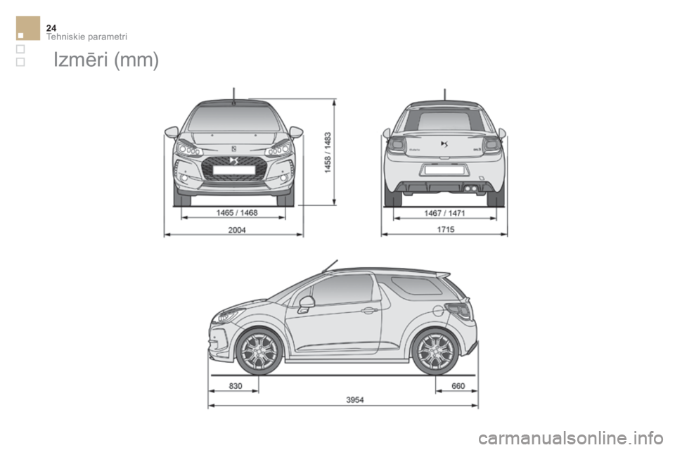CITROEN DS3 CABRIO 2017  Lietošanas Instrukcija (in Latvian) Tehniskie parametri24
DS3-Cabrio_lv_Chap10_caracteristiques_ed02-2015
      
Izmēri (mm)  