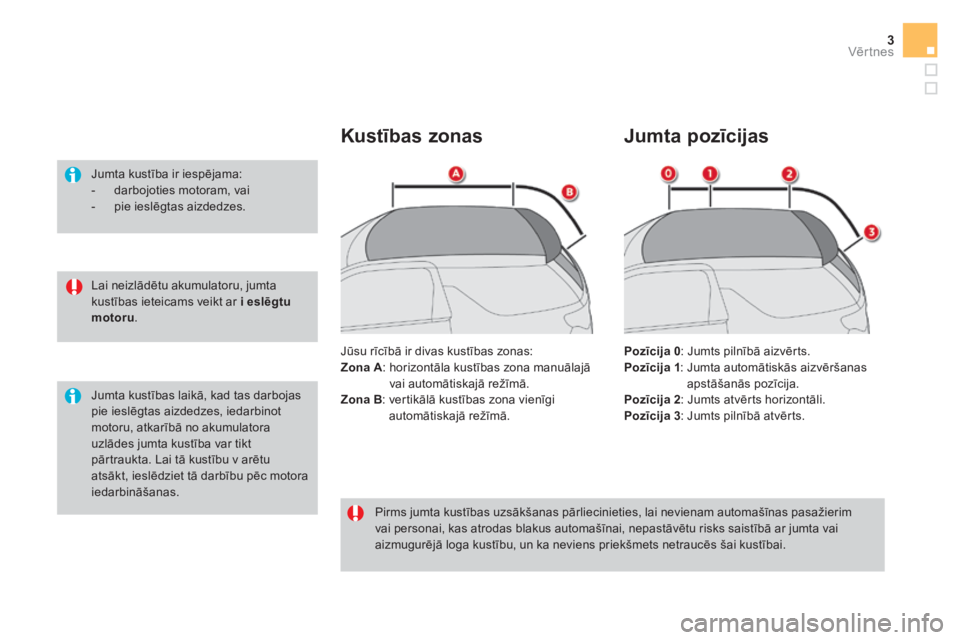 CITROEN DS3 CABRIO 2017  Lietošanas Instrukcija (in Latvian) 3Vēr tnes
DS3-Cabrio_lv_Chap02_ouvertures_ed02-2015
  Lai neizlādētu akumulatoru, jumta 
kustības ieteicams veikt ar  i    eslēgtu 
motoru  .  
  Jumta kustība ir iespējama: 
   -   darbojoties