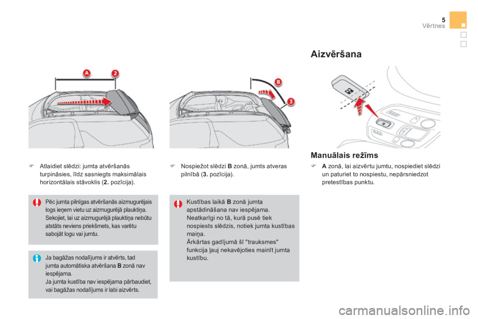 CITROEN DS3 CABRIO 2017  Lietošanas Instrukcija (in Latvian) 5Vēr tnes
DS3-Cabrio_lv_Chap02_ouvertures_ed02-2015
  Pēc jumta pilnīgas atvēršanās aizmugurējais 
logs ieņem vietu uz aizmugurējā plauktiņa. 
Sekojiet, lai uz aizmugurējā plauktiņa neb