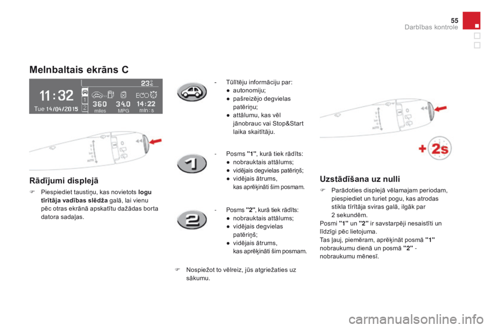 CITROEN DS3 CABRIO 2017  Lietošanas Instrukcija (in Latvian) 55
DS3_lv_Chap01_controle-de-marche_ed02-2015
Melnbaltais ekrāns C
Rādījumi displejā
F Piespiediet taustiņu, kas novietots logu 
tīrītāja vadības slēdža galā, lai vienu 
pēc otras ekrān�