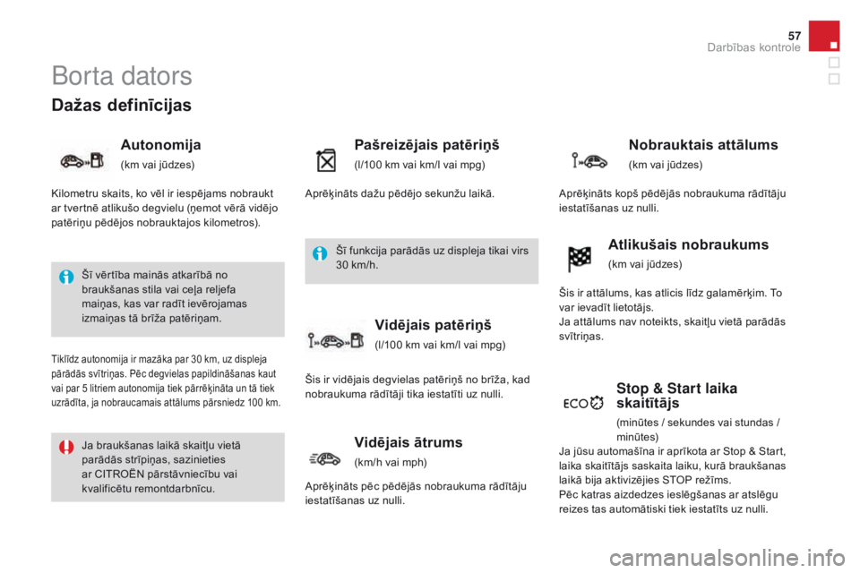 CITROEN DS3 CABRIO 2017  Lietošanas Instrukcija (in Latvian) 57
DS3_lv_Chap01_controle-de-marche_ed02-2015
dažas definīcijas
Autonomija
(km vai jūdzes)
Pašreizējais patēriņš
(l/100 km vai km/l vai mpg)
Stop & Start laika 
skaitītājs
(minūtes / sekund