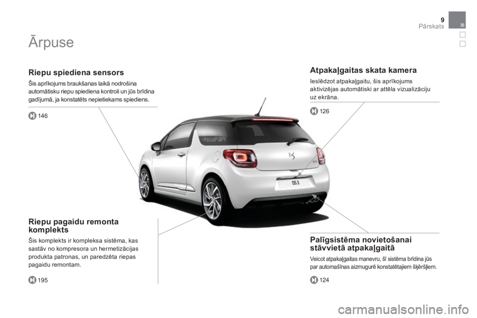 CITROEN DS3 CABRIO 2016  Lietošanas Instrukcija (in Latvian) 9
DS3_lv_Chap00b_vue-ensemble_ed01-2015
Riepu spiediena sensors
Šis aprīkojums braukšanas laikā nodrošina 
automātisku riepu spiediena kontroli un jūs brīdina 
gadījumā, ja konstatēts nepie