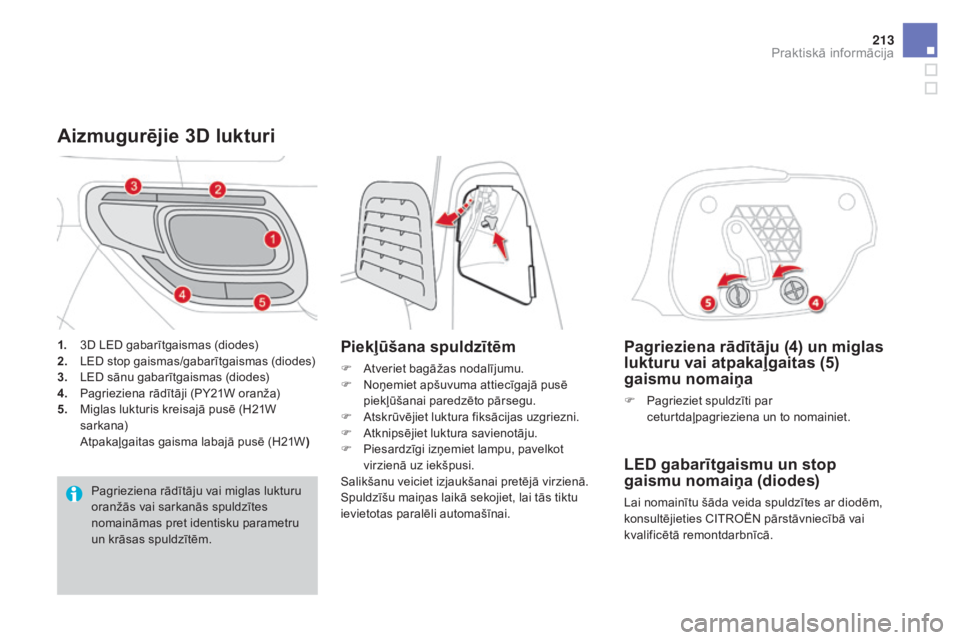 CITROEN DS3 CABRIO 2016 Lietošanas Instrukcija (in Latvian) 213
DS3_lv_Chap08_info-pratiques_ed01-2015
Pagrieziena rādītāju (4) un miglas
lukturu vai atpakaļgaitas (5)
gaismu nomaiņa
F Pagrieziet spuldzīti par ceturtdaļpagrieziena un to nomainiet.
LEd CITROEN DS3 CABRIO 2016 Lietošanas Instrukcija (in Latvian) 213
DS3_lv_Chap08_info-pratiques_ed01-2015
Pagrieziena rādītāju (4) un miglas
lukturu vai atpakaļgaitas (5)
gaismu nomaiņa
F Pagrieziet spuldzīti par ceturtdaļpagrieziena un to nomainiet.
LEd