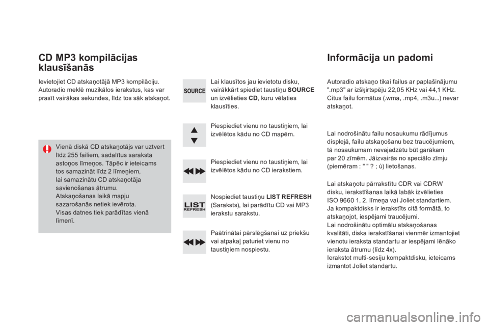 CITROEN DS3 CABRIO 2016 Lietošanas Instrukcija (in Latvian) DS3 _ lv_Chap11d _ RD 45 _ ed 01-2015
Autoradio atskaņo tikai failus ar paplašinājumu
".mp3" ar izšķirtspēju 22,05 KHz vai 44,1 KHz.
Citus failu formātus (.wma, .mp4, .m3u...) nevar
CITROEN DS3 CABRIO 2016 Lietošanas Instrukcija (in Latvian) DS3 _ lv_Chap11d _ RD 45 _ ed 01-2015
Autoradio atskaņo tikai failus ar paplašinājumu
".mp3" ar izšķirtspēju 22,05 KHz vai 44,1 KHz.
Citus failu formātus (.wma, .mp4, .m3u...) nevar