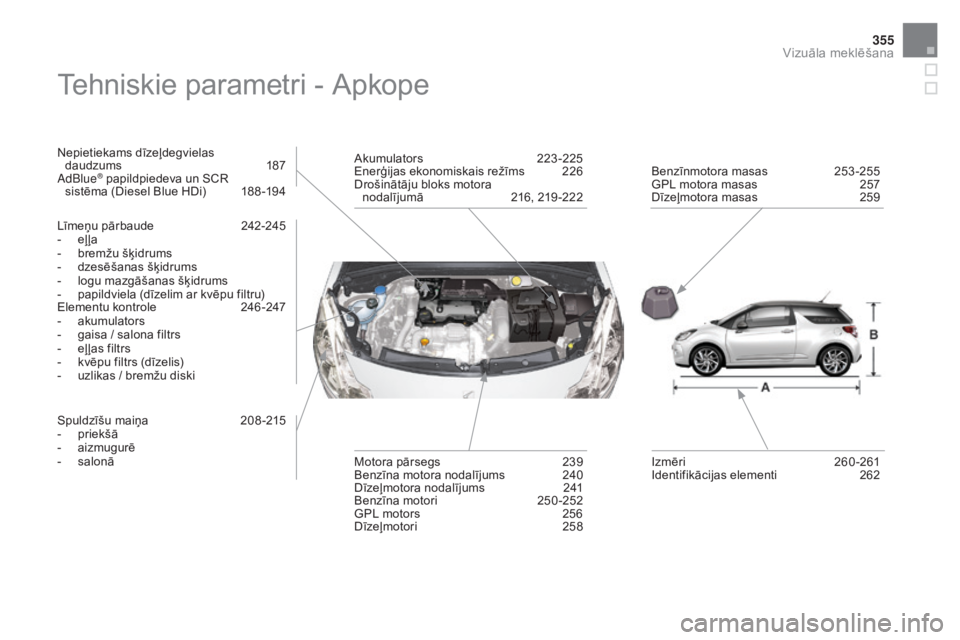 CITROEN DS3 CABRIO 2016 Lietošanas Instrukcija (in Latvian) 355
DS3_lv_Chap12_index-recherche_ed01-2015
Tehniskie parametri - Apkope
Nepietiekams dīzeļdegvielas daudzums 1 87
AdBlue
® papildpiedeva un SCR
sistēma (Diesel Blue HDi) 1 88 -194
Līmeņu p CITROEN DS3 CABRIO 2016 Lietošanas Instrukcija (in Latvian) 355
DS3_lv_Chap12_index-recherche_ed01-2015
Tehniskie parametri - Apkope
Nepietiekams dīzeļdegvielas daudzums 1 87
AdBlue
® papildpiedeva un SCR
sistēma (Diesel Blue HDi) 1 88 -194
Līmeņu p