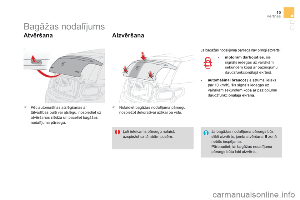 CITROEN DS3 CABRIO 2016 Lietošanas Instrukcija (in Latvian) 10Vēr tnes
Bagāžas nodalījums
A t v ē r š a n a
Pēc automašīnas atslēgšanas ar tālvadības pulti vai atslēgu, nospiediet uz atvēršanas slēdža un paceliet bagā CITROEN DS3 CABRIO 2016 Lietošanas Instrukcija (in Latvian) 10Vēr tnes
Bagāžas nodalījums
A t v ē r š a n a
Pēc automašīnas atslēgšanas ar tālvadības pulti vai atslēgu, nospiediet uz atvēršanas slēdža un paceliet bagā