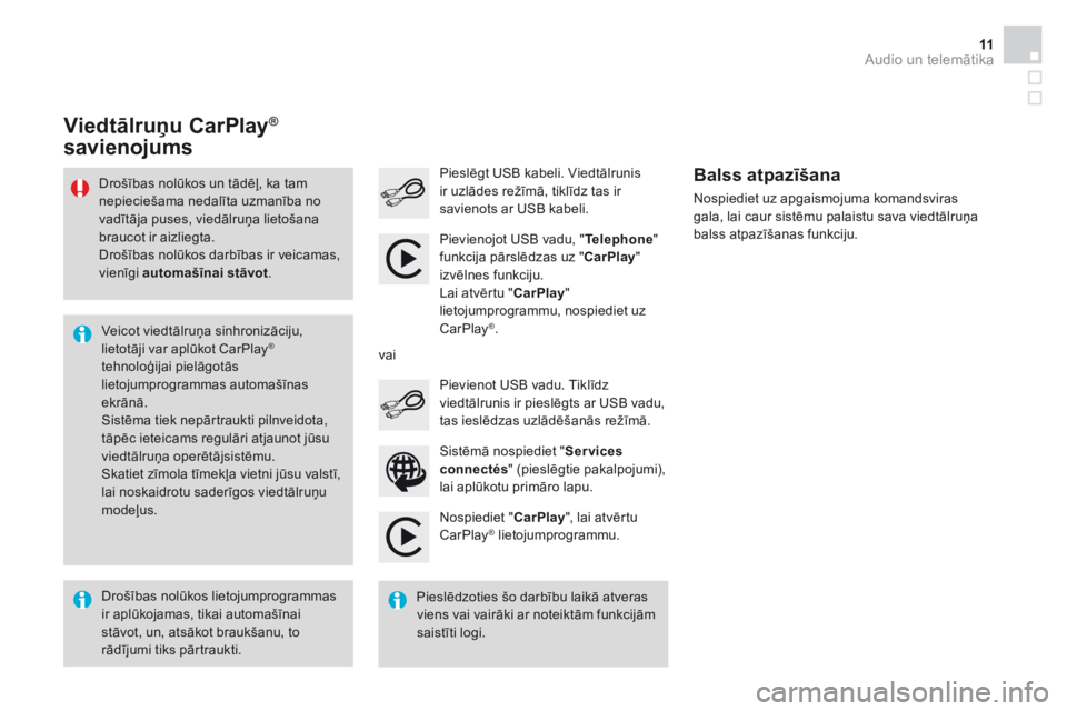 CITROEN DS3 CABRIO 2016  Lietošanas Instrukcija (in Latvian)  Audio un telemātika 11
Additif-2_lv_web_DS3_SMEGplus_Services_connectes_ed01-2015
  Nospiediet " CarPlay ", lai atvērtu CarPlay ®  lietojumprogrammu.  ®  lietojumprogrammu.  ®
  Pieslēg