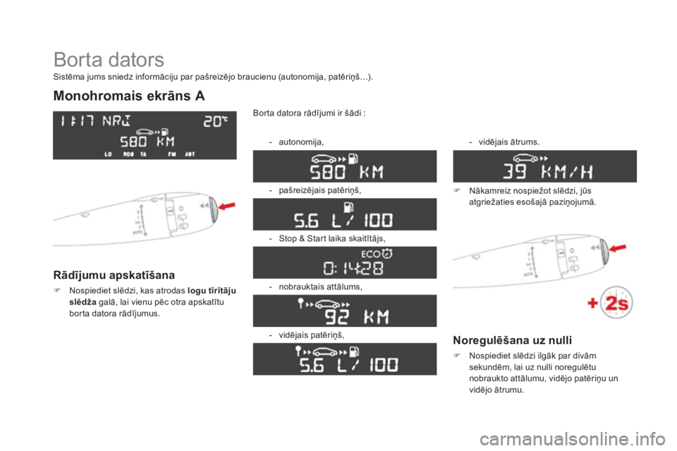CITROEN DS3 CABRIO 2016 Lietošanas Instrukcija (in Latvian) DS3_lv_Chap01_controle-de-marche_ed01-2015
Borta dators
Monohromais ekrāns A
Rādījumu apskatīšana
F Nospiediet slēdzi, kas atrodas logu tīrītāju slēdža galā, lai vienu pēc otra apskatīt CITROEN DS3 CABRIO 2016 Lietošanas Instrukcija (in Latvian) DS3_lv_Chap01_controle-de-marche_ed01-2015
Borta dators
Monohromais ekrāns A
Rādījumu apskatīšana
F Nospiediet slēdzi, kas atrodas logu tīrītāju slēdža galā, lai vienu pēc otra apskatīt