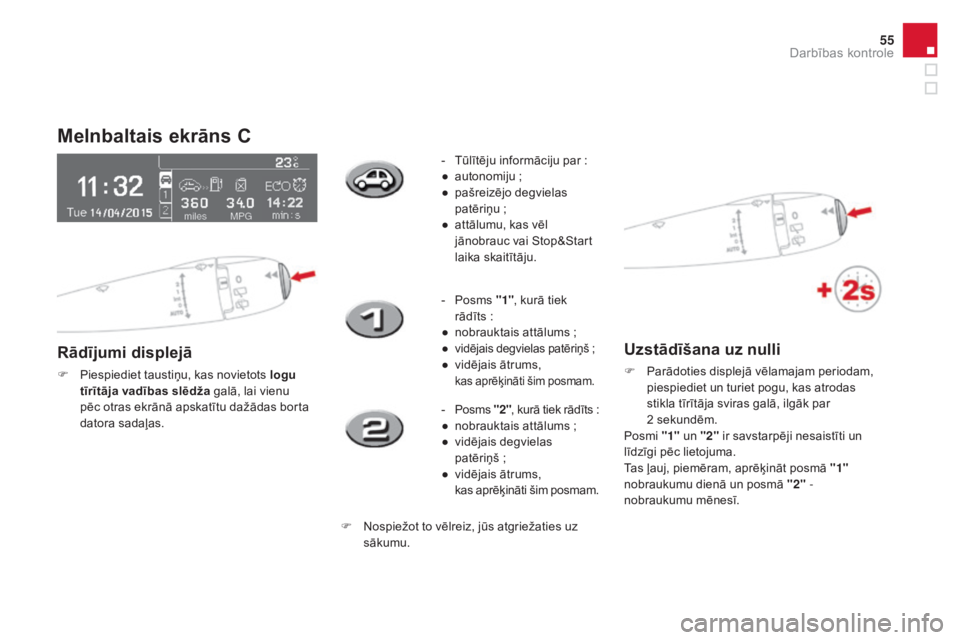 CITROEN DS3 CABRIO 2016 Lietošanas Instrukcija (in Latvian) 55
DS3_lv_Chap01_controle-de-marche_ed01-2015
Melnbaltais ekrāns C
Rādījumi displejā
F Piespiediet taustiņu, kas novietots logu tīrītāja vadības slēdža galā, lai vienu
pēc otras ekrānā CITROEN DS3 CABRIO 2016 Lietošanas Instrukcija (in Latvian) 55
DS3_lv_Chap01_controle-de-marche_ed01-2015
Melnbaltais ekrāns C
Rādījumi displejā
F Piespiediet taustiņu, kas novietots logu tīrītāja vadības slēdža galā, lai vienu
pēc otras ekrānā