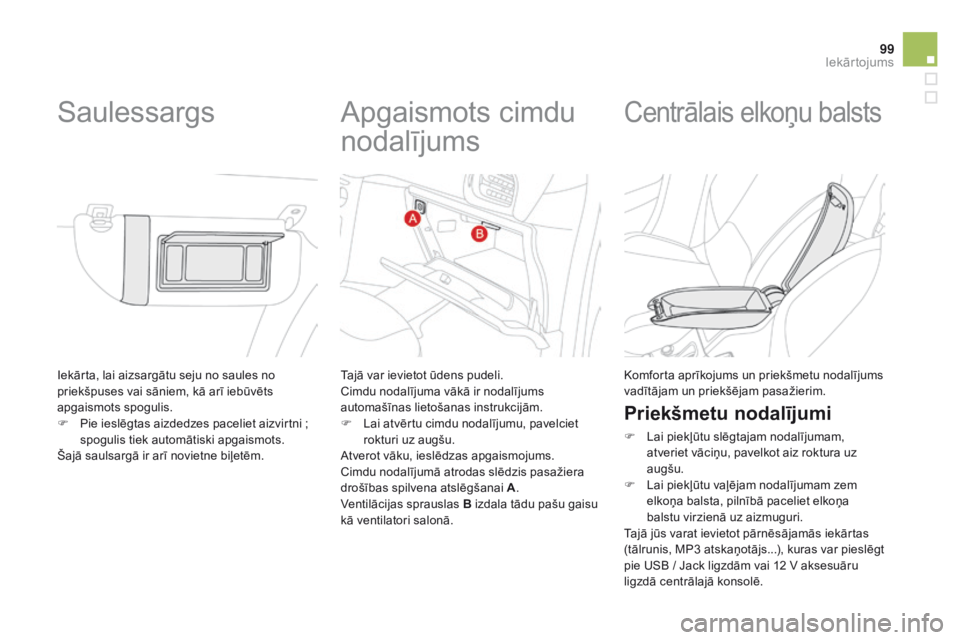 CITROEN DS3 CABRIO 2015 Lietošanas Instrukcija (in Latvian) 99
DS3_lv_Chap05_amenagement_ed01-2014
Iekārta, lai aizsargātu seju no saules no
priekšpuses vai sāniem, kā arī iebūvēts
apgaismots spogulis.
F
P
ie ieslēgtas aizdedzes paceliet aizvirtni CITROEN DS3 CABRIO 2015 Lietošanas Instrukcija (in Latvian) 99
DS3_lv_Chap05_amenagement_ed01-2014
Iekārta, lai aizsargātu seju no saules no
priekšpuses vai sāniem, kā arī iebūvēts
apgaismots spogulis.
F
P
ie ieslēgtas aizdedzes paceliet aizvirtni
