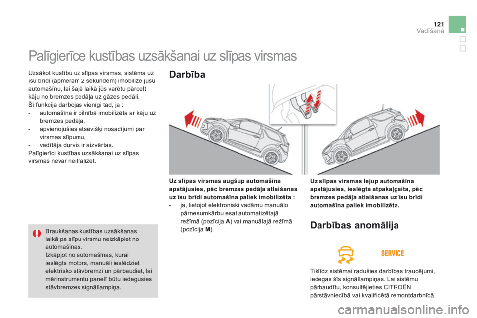 CITROEN DS3 CABRIO 2015 Lietošanas Instrukcija (in Latvian) 121
DS3_lv_Chap06_conduite_ed01-2014
Palīgierīce kustības uzsākšanai uz slīpas virsmas
Uzsākot kustību uz slīpas virsmas, sistēma uz
īsu brīdi (apmēram 2 sekundēm) imobilizē jūsu
aut CITROEN DS3 CABRIO 2015 Lietošanas Instrukcija (in Latvian) 121
DS3_lv_Chap06_conduite_ed01-2014
Palīgierīce kustības uzsākšanai uz slīpas virsmas
Uzsākot kustību uz slīpas virsmas, sistēma uz
īsu brīdi (apmēram 2 sekundēm) imobilizē jūsu
aut