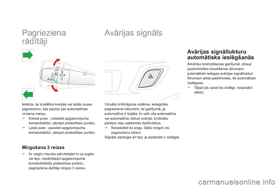 CITROEN DS3 CABRIO 2015 Lietošanas Instrukcija (in Latvian) Pagrieziena
rādītāji
Iekārta, lai izvēlētos kreisās vai labās puses
pagriezienu, kas paziņo par automašīnas
virziena maiņu.
F
K
reisā puse : nolaidiet apgaismojuma
komandslēdzi CITROEN DS3 CABRIO 2015 Lietošanas Instrukcija (in Latvian) Pagrieziena
rādītāji
Iekārta, lai izvēlētos kreisās vai labās puses
pagriezienu, kas paziņo par automašīnas
virziena maiņu.
F
K
reisā puse : nolaidiet apgaismojuma
komandslēdzi