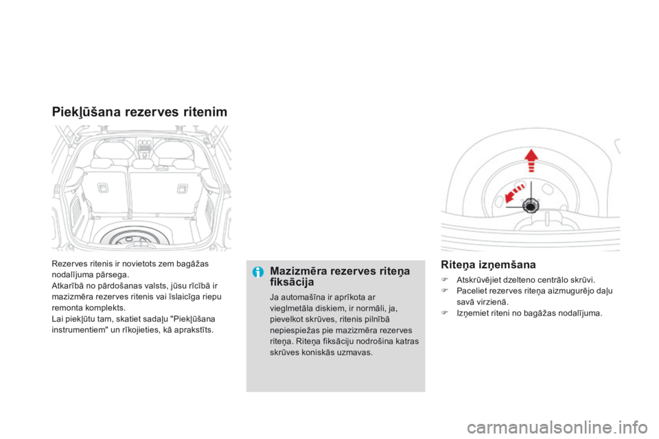 CITROEN DS3 CABRIO 2015 Lietošanas Instrukcija (in Latvian) DS3_lv_Chap10_info-pratiques_ed01-2014
Rezerves ritenis ir novietots zem bagāžas
nodalījuma pārsega.
Atkarībā no pārdošanas valsts, jūsu rīcībā ir
mazizmēra rezerves ritenis vai īslaic CITROEN DS3 CABRIO 2015 Lietošanas Instrukcija (in Latvian) DS3_lv_Chap10_info-pratiques_ed01-2014
Rezerves ritenis ir novietots zem bagāžas
nodalījuma pārsega.
Atkarībā no pārdošanas valsts, jūsu rīcībā ir
mazizmēra rezerves ritenis vai īslaic