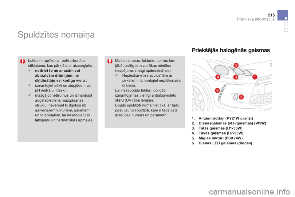 CITROEN DS3 CABRIO 2015 Lietošanas Instrukcija (in Latvian) 215
DS3_lv_Chap10_info-pratiques_ed01-2014
Spuldzītes nomaiņa
Lukturi ir aprīkoti ar polikarbonāta
stiklojumu, kas pārklāts ar aizsarglaku :
F
n
etīriet to ne ar asām vai
abrazīvām dr CITROEN DS3 CABRIO 2015 Lietošanas Instrukcija (in Latvian) 215
DS3_lv_Chap10_info-pratiques_ed01-2014
Spuldzītes nomaiņa
Lukturi ir aprīkoti ar polikarbonāta
stiklojumu, kas pārklāts ar aizsarglaku :
F
n
etīriet to ne ar asām vai
abrazīvām dr