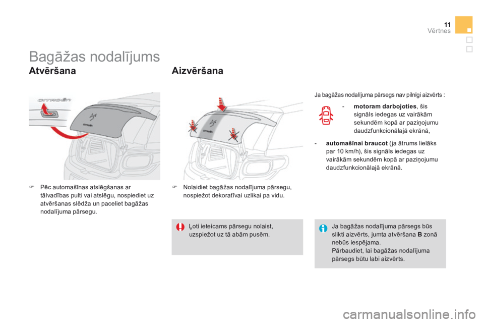 CITROEN DS3 CABRIO 2015 Lietošanas Instrukcija (in Latvian) 11Vēr tnes
DS3-Cabrio_lv_Chap04_ouvertures_ed02-2014
Bagāžas nodalījums
A t v ē r š a n a
Pēc automašīnas atslēgšanas ar tālvadības pulti vai atslēgu, nospiediet u CITROEN DS3 CABRIO 2015 Lietošanas Instrukcija (in Latvian) 11Vēr tnes
DS3-Cabrio_lv_Chap04_ouvertures_ed02-2014
Bagāžas nodalījums
A t v ē r š a n a
Pēc automašīnas atslēgšanas ar tālvadības pulti vai atslēgu, nospiediet u